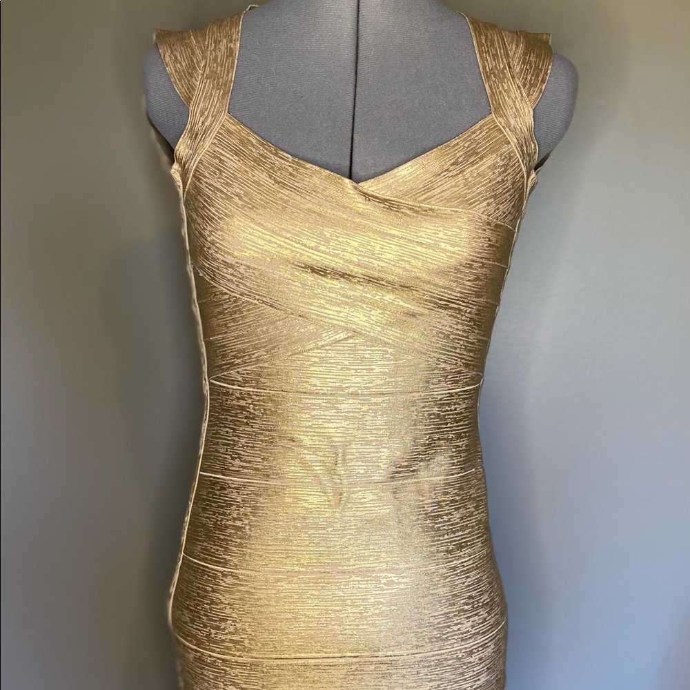 Herve Leger Gold Foil Bandage Dress M Authentic